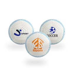 Three premium soccer balls in white with blue accents and various logos.