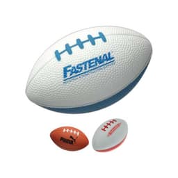 A rugby shape stress reliever in white with blue accents, featuring a logo, alongside two other stress balls.