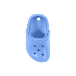 A blue clog shoe-shaped charm, featuring ventilation holes and a strap at the back, with a round hole at the top.