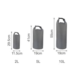 Three grey Oxford cloth dry bags of varying sizes: 2L, 5L, and 10L, displayed with dimensions. Each has a handle.