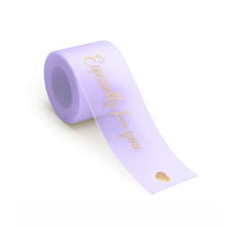 A roll of lilac organza ribbon with gold text reading "Especially for you" and a small heart design.