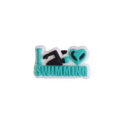 A teal and white Clog Shoe Charm featuring the text "I ❤️ SWIMMING" with a swimmer graphic.