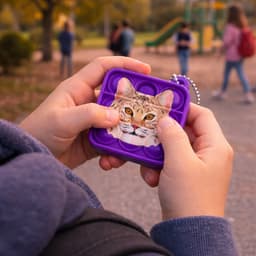 A purple square fidget keychain with a cat design, held in hands outdoors near a playground.