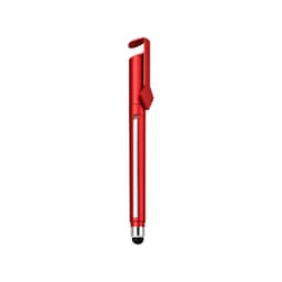 A red promotional pen with a clip, featuring a stylus tip and a sleek design. It includes a branding logo.