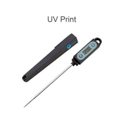 A digital meat thermometer with a long stainless steel probe and a black protective cover. It features a digital display.