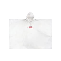 A transparent white reusable PEVA rain poncho featuring a hood and a logo on the front.