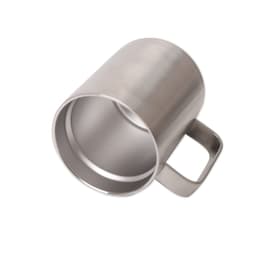 A stainless steel mug with a sleek, smooth finish and a sturdy handle. It has a simple design and no visible branding.