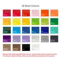 A selection of fabric swatches in 28 stock colours including red, orange, yellow, green, blue, purple, and black.