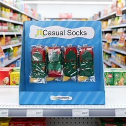 A display stand featuring festive socks in red, green, and yellow, set against a colourful store aisle backdrop.