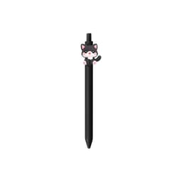 A black pen with a cute cat design on the top and a logo on the barrel.