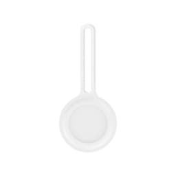 A white Air Tag protective case with a loop for attachment. The design is simple and smooth, featuring a circular shape.