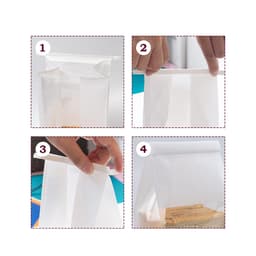 A sealing storage bag in white, with illustrations demonstrating its use in four steps. Features a logo.