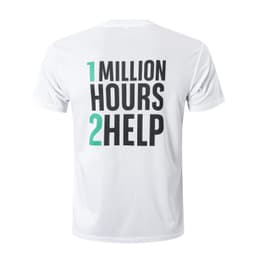 A white round-collar unisex T-shirt featuring a large printed message and a logo.