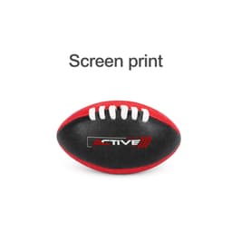 A mini Australian rules football in red and black, featuring white stitching and a logo.