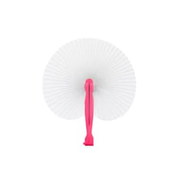 A peach-shaped plastic paper fan with a vibrant pink handle and a white fan surface. It features a simple design.