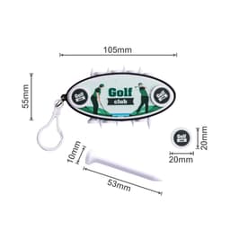 A golf tee set featuring a keyring, golf tee, and two markers with a green and white design.