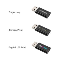 Three black USB data blockers with various printing options: engraving, screen print, and digital UV print.
