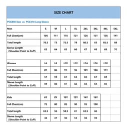 A size chart detailing measurements for unisex adults and children's long sleeve polos in various sizes.