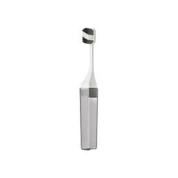 A square, foldable handle toothbrush in white and grey, housed in a sleek storage case with a logo.