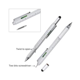 A silver multi-function pen with a ruler, level, and two screwdriver bits. It features a twist mechanism and a logo.