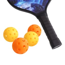 A wooden pickleball paddle with a cosmic design and three perforated balls in orange and yellow.