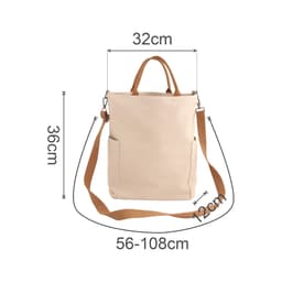 A vintage style canvas bag in beige with brown straps, featuring dimensions of 32cm x 36cm x 12cm.