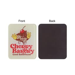Acrylic fridge magnet featuring a colourful bakery design on one side and a plain, dark back.