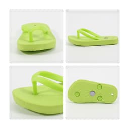 A set of four images of bright green thong-shaped fridge magnets from different angles.