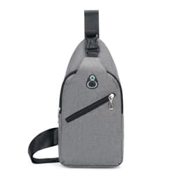 A grey sling chest bag with a zippered pocket and adjustable strap, featuring a logo on the front.