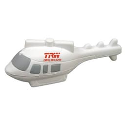 A white helicopter-shaped stress reliever with a grey cockpit and a branding logo on the side.