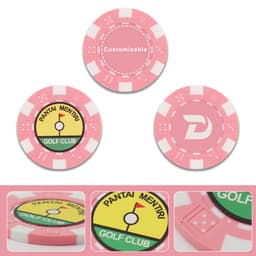 Three pink poker chips featuring customizable designs and a logo, with green and yellow elements on one chip.