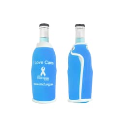 A drink bottle cooler in bright blue with a white trim and a logo, designed to fit standard bottles.
