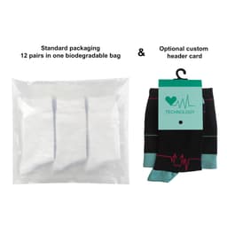A biodegradable bag containing 12 pairs of black and teal plus size compression socks, with an optional header card.
