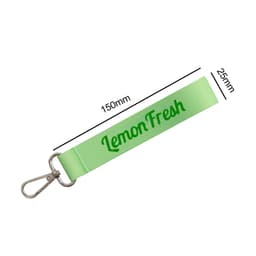 A green sublimation keyring with a metal clasp, featuring a logo printed on the strap. Measurements included.