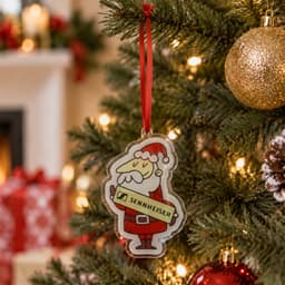 A custom shape acrylic ornament featuring a cartoon Santa holding a gift, hanging from a Christmas tree with decorations.