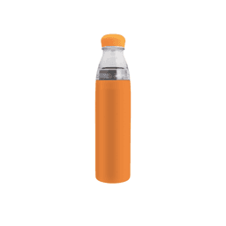 A drink bottle in vibrant orange stainless steel with a clear top, featuring a logo on the side.