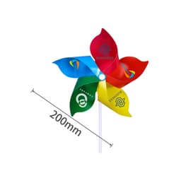 A five-leaf pinwheel with red, blue, green, and yellow leaves, featuring logos on some petals. Dimensions of 200mm included.