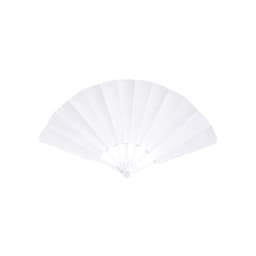 A plastic hand fan is displayed, featuring multiple white panels and a circular base for easy handling.
