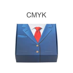 A custom gift box featuring a blue suit design with a red tie and buttons, including a square window.