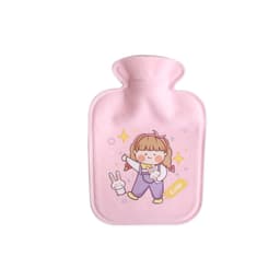 A pink hot water bottle with a plush cover featuring a cute cartoon character and bunnies.