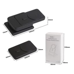 A black 3-in-1 power bank charging station with a sleek design and a branded box beside it.