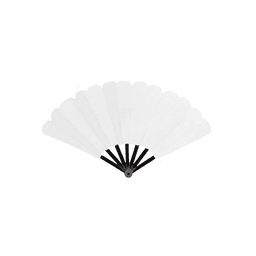 A plastic hand fan with white blades and a black handle, designed for cooling. It features a logo on the handle.