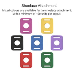 A collection of shoelace attachments in various colours, including black, purple, yellow, blue, green, and red, arranged in a circle.
