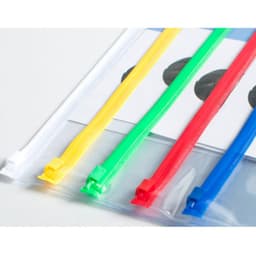 A transparent A4 file bag featuring coloured zippers in yellow, green, red, and blue. It includes a branding logo.