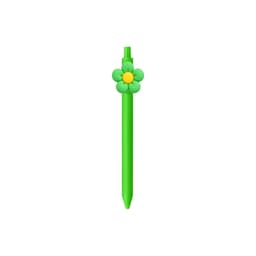 A green pen with a flower-shaped top featuring yellow accents and a branding logo.