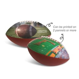 A promotional American football featuring a textured brown surface and vibrant printed graphics. It includes a logo.