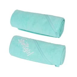Two rolled embroidery sport towels in a light teal colour, featuring a logo on one towel.