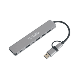 A silver 7-in-1 USB hub with multiple ports and a connected USB cable. It features a logo.