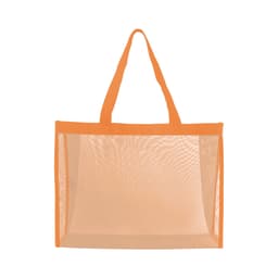 An orange transparent mesh tote bag with two sturdy handles and a spacious, open design.
