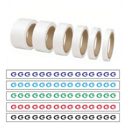 Five rolls of white BOPP packaging tape in varying sizes, displayed above a series of colourful branded tape.